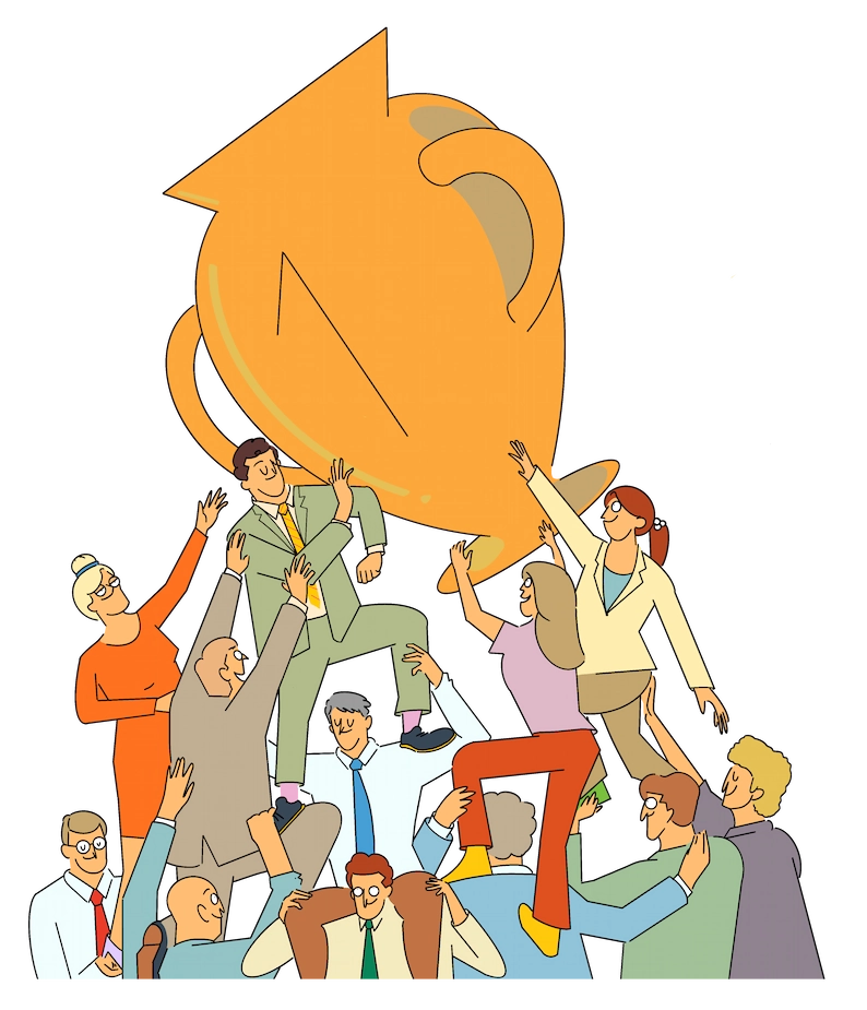 Illustration: Ein Team hebt einen Pokal.